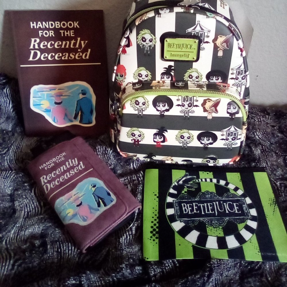 Bundle of 4: Loungefly Beetlejuice chibli backpack,  Bioworld wallet handbook...